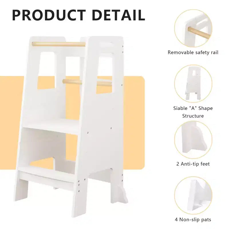 Tour d'apprentissage JVNOXK pour enfants, tabouret de cuisine, tabouret en bois pour tout-petits - Hauteur réglable, pour utilisation en cuisine, blanc