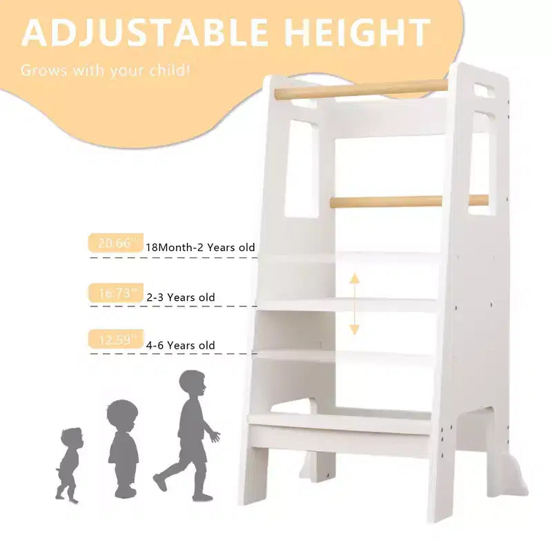 Tour d'apprentissage JVNOXK pour enfants, tabouret de cuisine, tabouret en bois pour tout-petits - Hauteur réglable, pour utilisation en cuisine, blanc