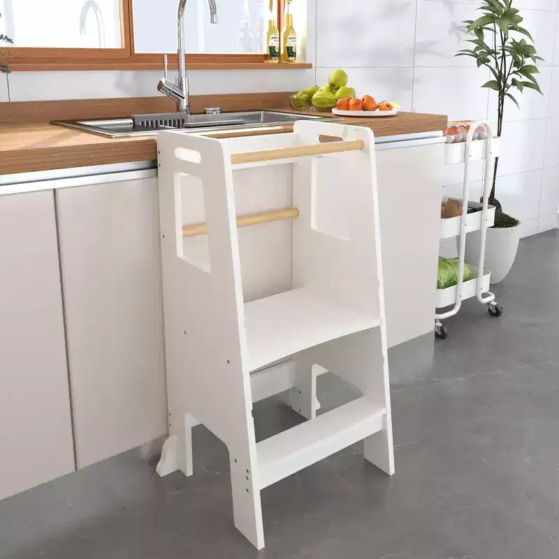 Tour d'apprentissage JVNOXK pour enfants, tabouret de cuisine, tabouret en bois pour tout-petits - Hauteur réglable, pour utilisation en cuisine, blanc
