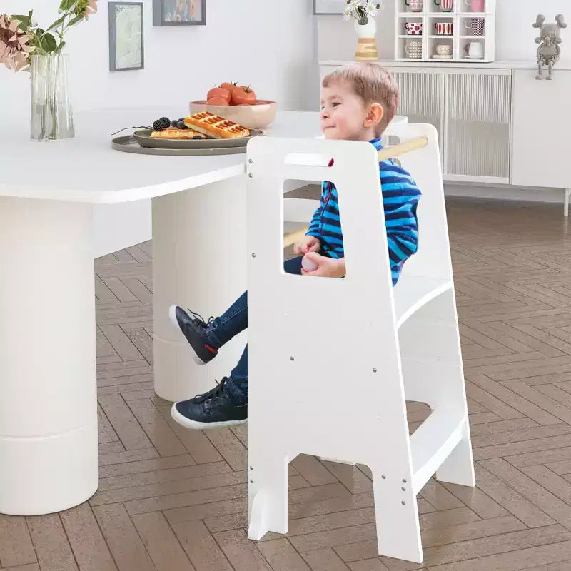 Tour d'apprentissage JVNOXK pour enfants, tabouret de cuisine, tabouret en bois pour tout-petits - Hauteur réglable, pour utilisation en cuisine, blanc