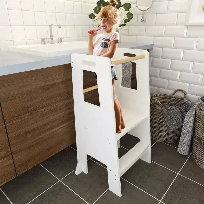Tour d'apprentissage JVNOXK pour enfants, tabouret de cuisine, tabouret en bois pour tout-petits - Hauteur réglable, pour utilisation en cuisine, blanc