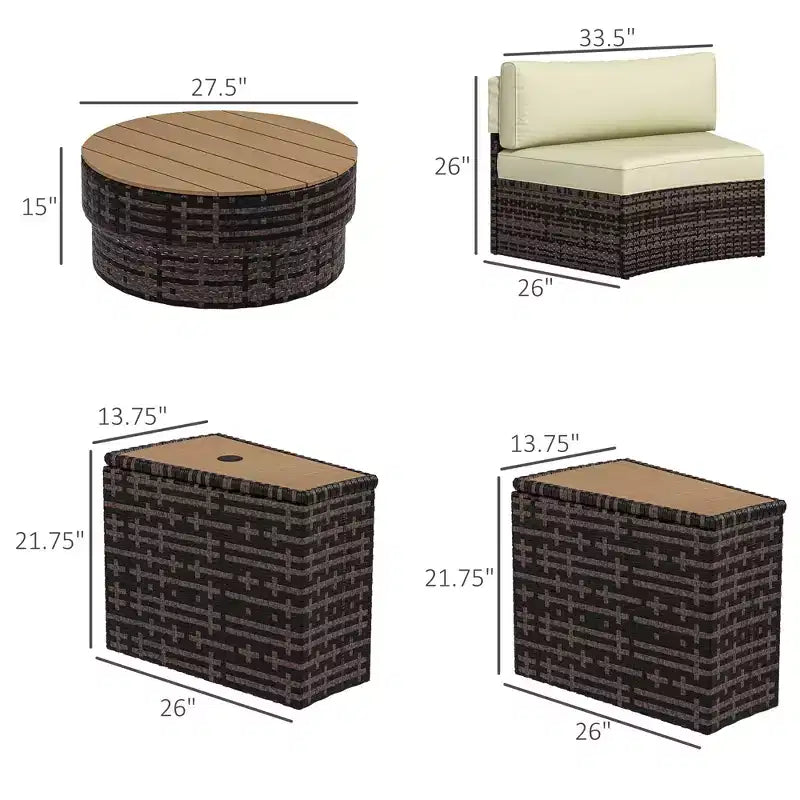 Ensemble de mobilier de patio 8 pièces avec 4 chaises de canapé en rotin et 4 tables avec rangement et trou pour parasol