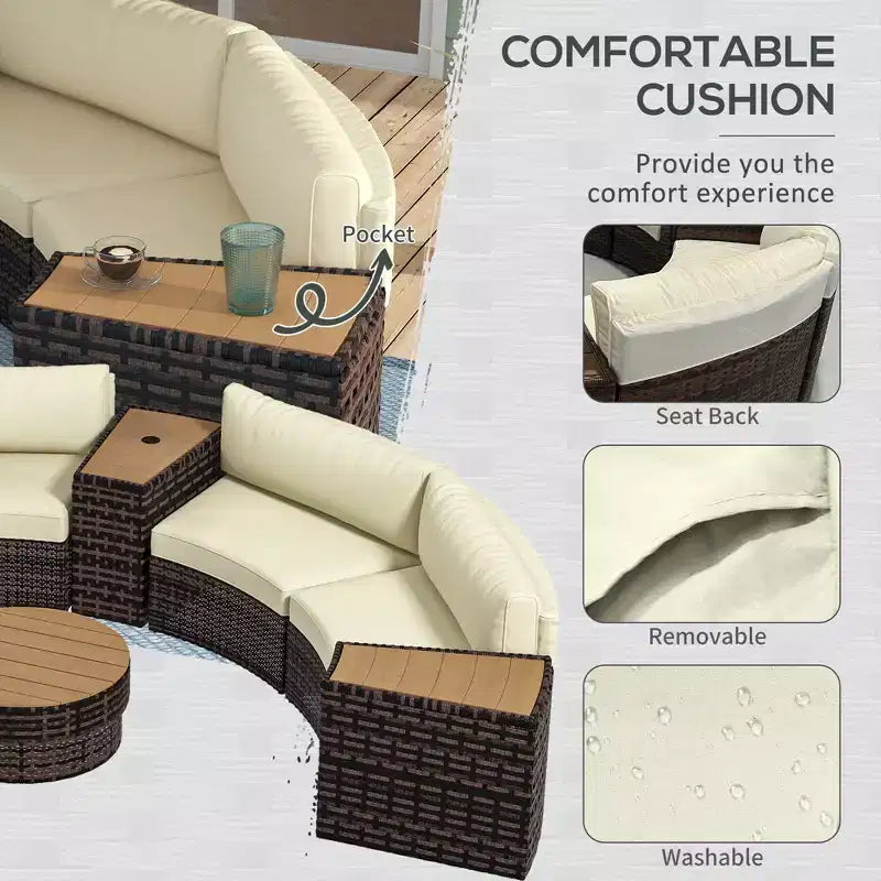 Ensemble de mobilier de patio 8 pièces avec 4 chaises de canapé en rotin et 4 tables avec rangement et trou pour parasol