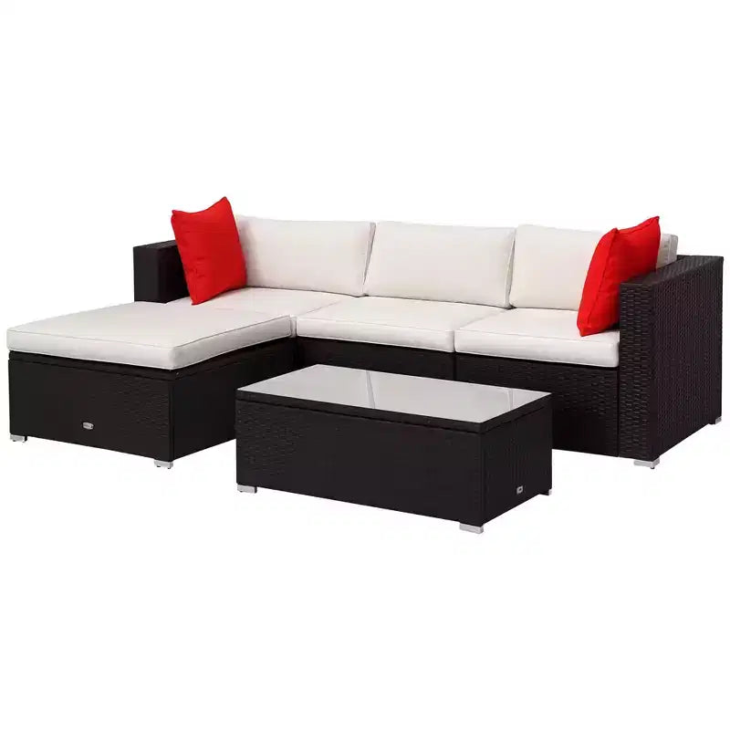 5-Piece Patio Furniture Set with Cushions, Outdoor PE Rattan Wicker Sofa Set, Sectional Furniture with Pillows, Glass Coffee Table for Garden