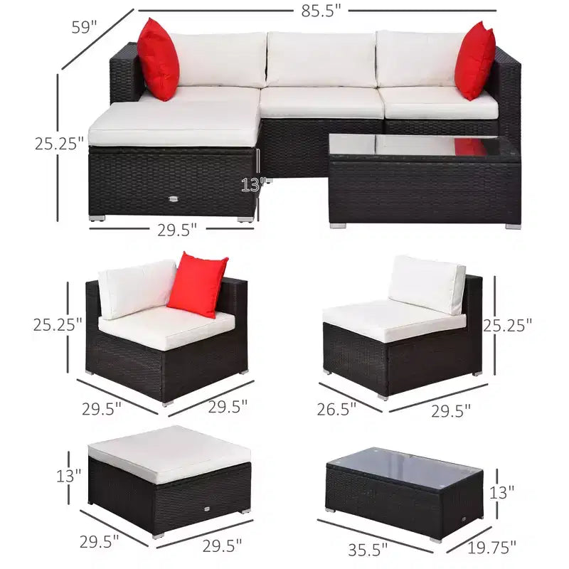 Ensemble de mobilier de patio 5 pièces avec coussins, canapé d'extérieur en rotin tressé de polyéthylène, mobilier sectionnel avec oreillers, table basse en verre pour le jardin