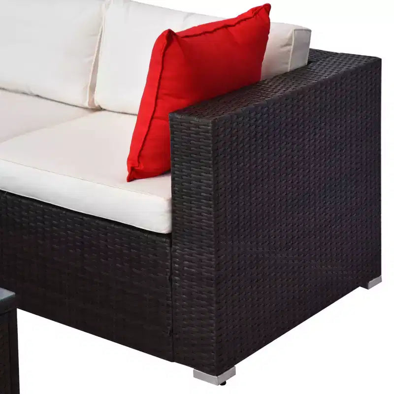 Ensemble de mobilier de patio 5 pièces avec coussins, canapé d'extérieur en rotin tressé de polyéthylène, mobilier sectionnel avec oreillers, table basse en verre pour le jardin