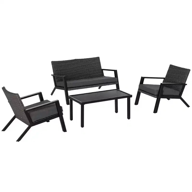 4 Piece Patio Furniture Set, 2 PE Wicker Chairs, Loveseat Sofa, Outdoor Coffee Table, Soft Cushions, Couch & Armchairs for Backyard, Garden