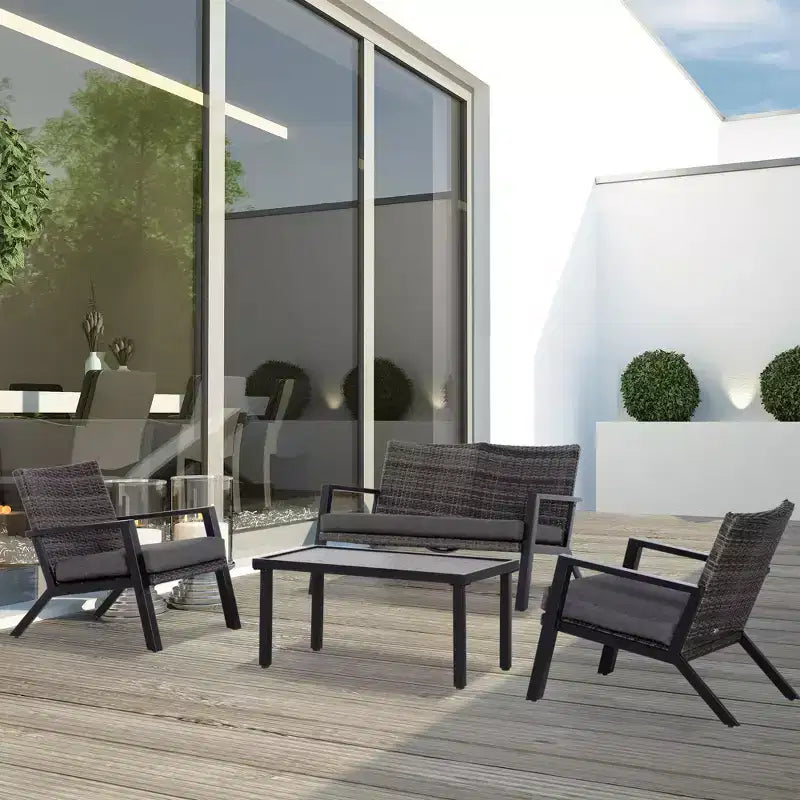 Ensemble de mobilier de patio 4 pièces, 2 chaises en résine tressée, un canapé deux places, une table basse d'extérieur, coussins moelleux, canapé et fauteuils pour jardin et arrière-cour