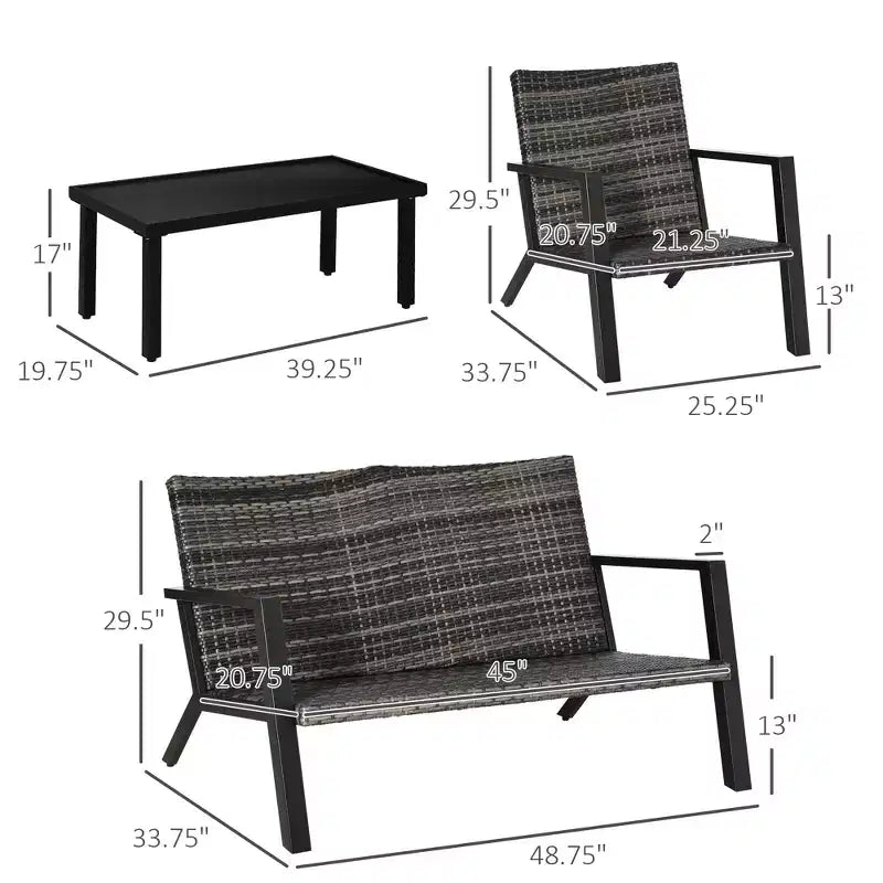 Ensemble de mobilier de patio 4 pièces, 2 chaises en résine tressée, un canapé deux places, une table basse d'extérieur, coussins moelleux, canapé et fauteuils pour jardin et arrière-cour