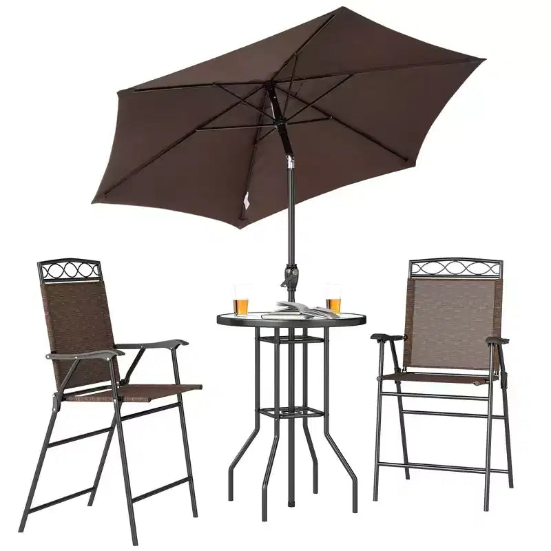 4 Piece Outdoor Bar Set with Umbrella, Patio Dining Set with 2 Folding Chairs, Wave Textured Tempered Glass Table for Backyard, Garden, Deck, Poolside
