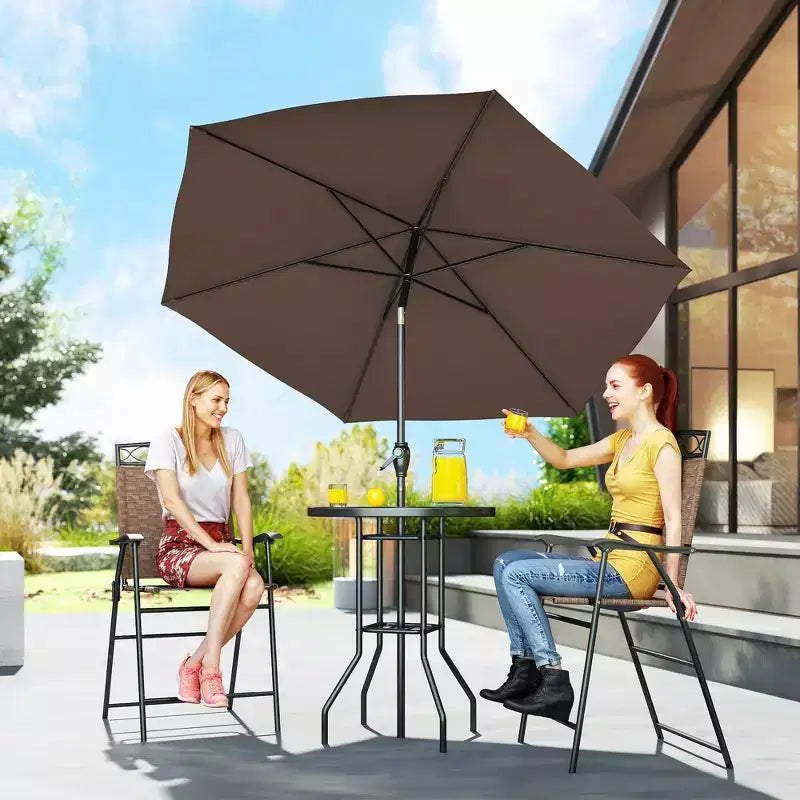 Ensemble de bar d'extérieur 4 pièces avec parasol, salon de jardin avec 2 chaises pliantes, table en verre trempé à texture ondulée pour jardin, terrasse, bord de piscine