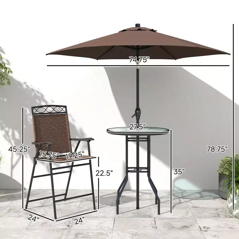 Ensemble de bar d'extérieur 4 pièces avec parasol, salon de jardin avec 2 chaises pliantes, table en verre trempé à texture ondulée pour jardin, terrasse, bord de piscine