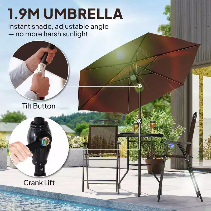 Ensemble de bar d'extérieur 4 pièces avec parasol, salon de jardin avec 2 chaises pliantes, table en verre trempé à texture ondulée pour jardin, terrasse, bord de piscine