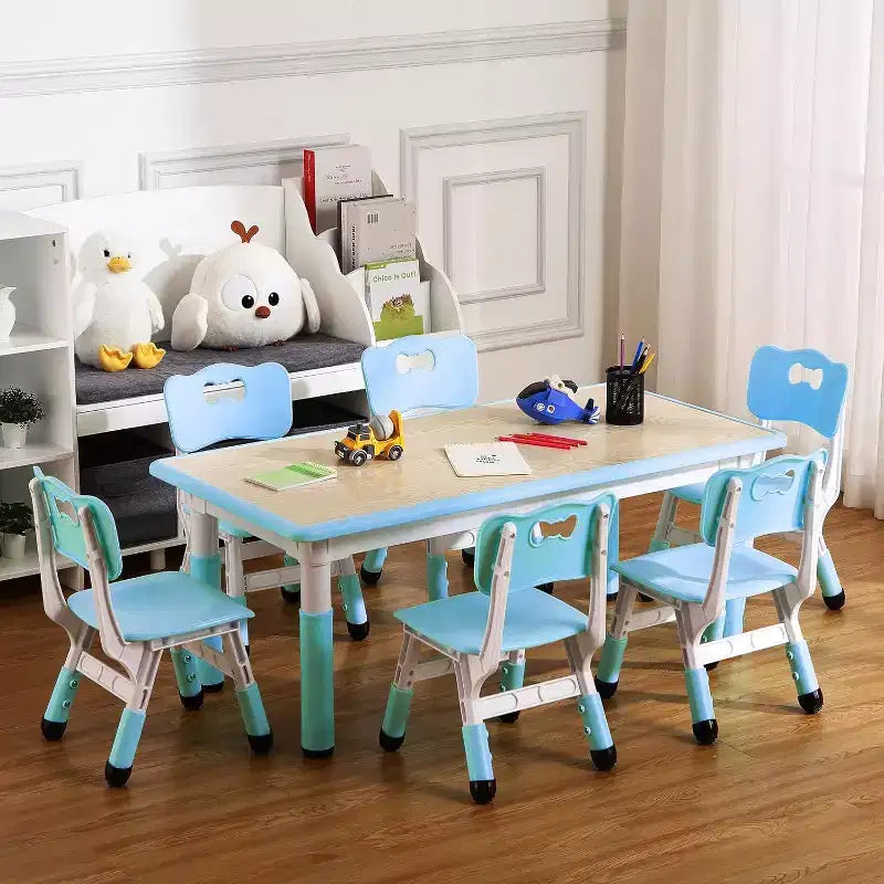 Ensemble table et chaises pour enfants, bureau réglable en hauteur avec 6 sièges pour les 2-10 ans, table d'activités artistiques et manuelles, plateau à graffitis, pieds antidérapants, charge maximale 136 kg