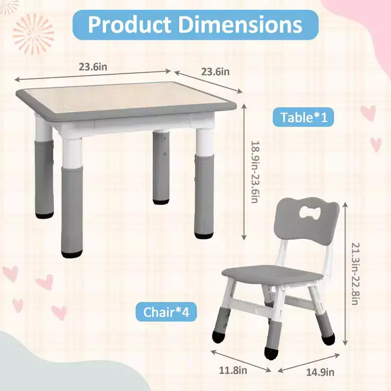 Ensemble Table et 4 Chaises pour Enfants, Hauteur Réglable 48-60 cm, Pieds Antidérapants, Plateau Anti-Graffiti Facile à Nettoyer, Table d'Activités pour Tout-Petits à la Maison, en Crèche