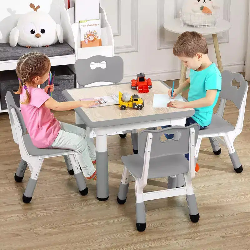 Ensemble Table et 4 Chaises pour Enfants, Hauteur Réglable 48-60 cm, Pieds Antidérapants, Plateau Anti-Graffiti Facile à Nettoyer, Table d'Activités pour Tout-Petits à la Maison, en Crèche