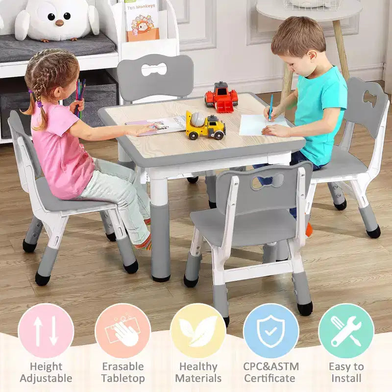 Ensemble Table et 4 Chaises pour Enfants, Hauteur Réglable 48-60 cm, Pieds Antidérapants, Plateau Anti-Graffiti Facile à Nettoyer, Table d'Activités pour Tout-Petits à la Maison, en Crèche