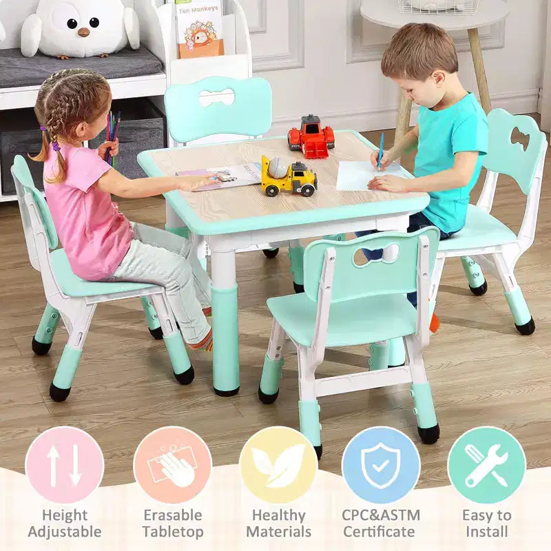 Ensemble Table et 4 Chaises pour Enfants, Hauteur Réglable 48-60 cm, Pieds Antidérapants, Plateau Anti-Graffiti Facile à Nettoyer, Table d'Activités pour Tout-Petits à la Maison, en Crèche