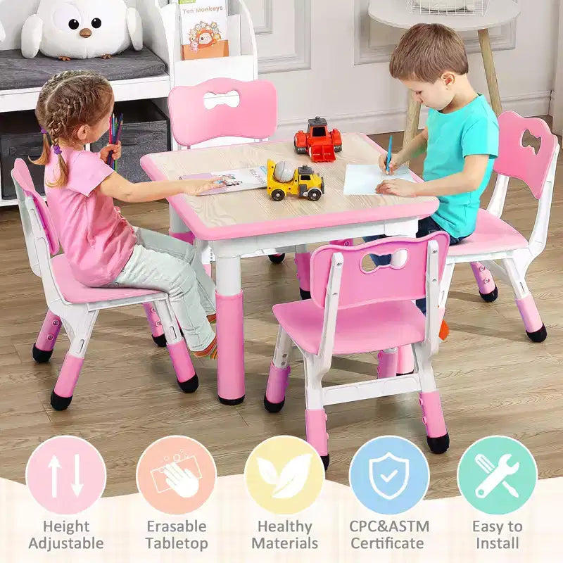 Ensemble Table et 4 Chaises pour Enfants, Hauteur Réglable 48-60 cm, Pieds Antidérapants, Plateau Anti-Graffiti Facile à Nettoyer, Table d'Activités pour Tout-Petits à la Maison, en Crèche