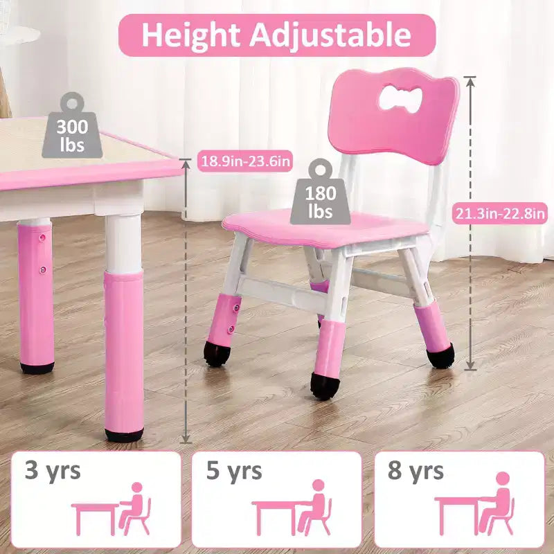 Ensemble Table et 4 Chaises pour Enfants, Hauteur Réglable 48-60 cm, Pieds Antidérapants, Plateau Anti-Graffiti Facile à Nettoyer, Table d'Activités pour Tout-Petits à la Maison, en Crèche