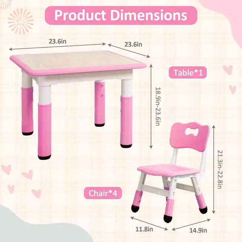 Ensemble Table et 4 Chaises pour Enfants, Hauteur Réglable 48-60 cm, Pieds Antidérapants, Plateau Anti-Graffiti Facile à Nettoyer, Table d'Activités pour Tout-Petits à la Maison, en Crèche
