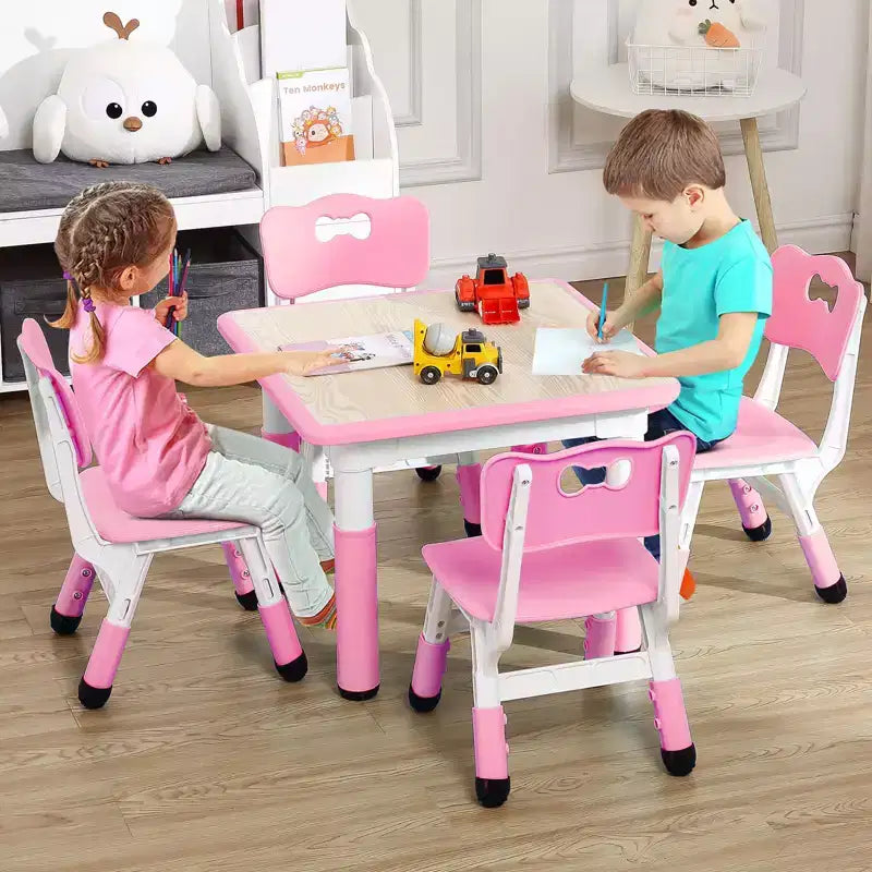 Ensemble Table et 4 Chaises pour Enfants, Hauteur Réglable 48-60 cm, Pieds Antidérapants, Plateau Anti-Graffiti Facile à Nettoyer, Table d'Activités pour Tout-Petits à la Maison, en Crèche
