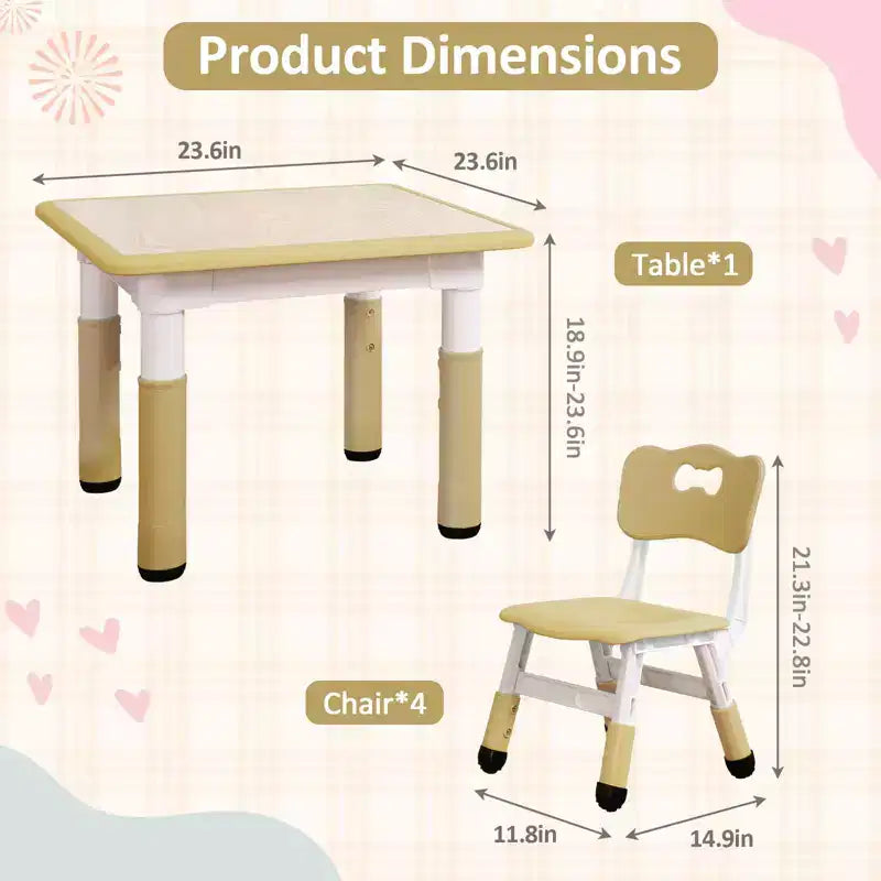 Ensemble Table et 4 Chaises pour Enfants, Hauteur Réglable 48-60 cm, Pieds Antidérapants, Plateau Anti-Graffiti Facile à Nettoyer, Table d'Activités pour Tout-Petits à la Maison, en Crèche