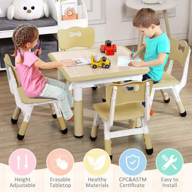 Ensemble Table et 4 Chaises pour Enfants, Hauteur Réglable 48-60 cm, Pieds Antidérapants, Plateau Anti-Graffiti Facile à Nettoyer, Table d'Activités pour Tout-Petits à la Maison, en Crèche