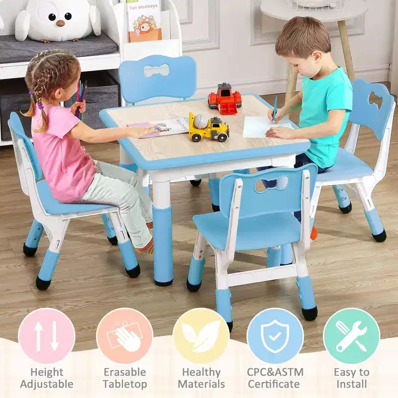 Ensemble Table et 4 Chaises pour Enfants, Hauteur Réglable 48-60 cm, Pieds Antidérapants, Plateau Anti-Graffiti Facile à Nettoyer, Table d'Activités pour Tout-Petits à la Maison, en Crèche
