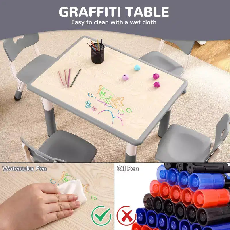Ensemble Table et 4 Chaises pour Tout-Petits, Table Multi-Activités Réglable en Hauteur avec Plateau à Graffiti, Facile à Nettoyer, pour Salle de Classe, Crèche