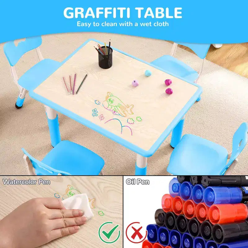 Ensemble Table et 4 Chaises pour Tout-Petits, Table Multi-Activités Réglable en Hauteur avec Plateau à Graffiti, Facile à Nettoyer, pour Salle de Classe, Crèche