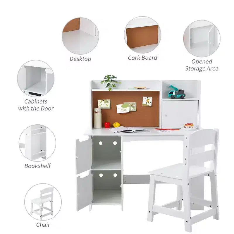 Ensemble bureau et chaise pour enfant avec huche, table d'étude en bois avec étagère, rangement et tableau en liège, bureau d'écriture pour enfants pour l'école à la maison, blanc