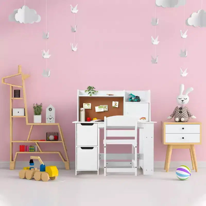 Ensemble bureau et chaise pour enfant avec huche, table d'étude en bois avec étagère, rangement et tableau en liège, bureau d'écriture pour enfants pour l'école à la maison, blanc
