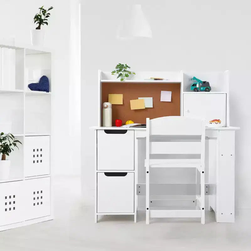 Ensemble bureau et chaise pour enfant avec huche, table d'étude en bois avec étagère, rangement et tableau en liège, bureau d'écriture pour enfants pour l'école à la maison, blanc