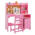 Modern Kids Desk and Chair Set with Storage Hutch, Wooden Study Table Workstation with Cabinet for Children's Room, Pink