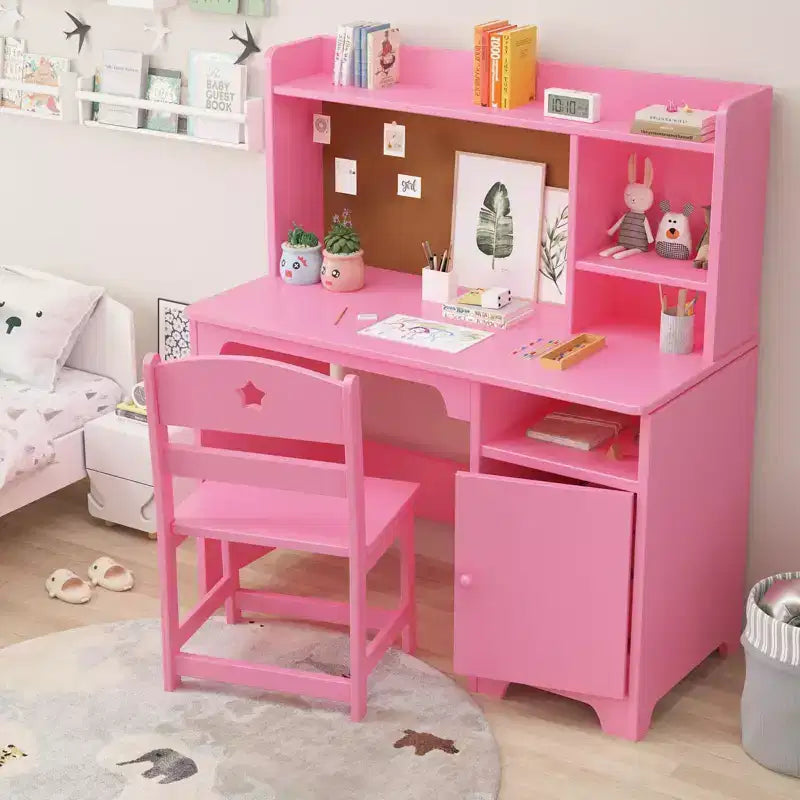 Ensemble bureau et chaise modernes pour enfants avec étagère de rangement, poste de travail en bois avec placard pour chambre d'enfant, rose