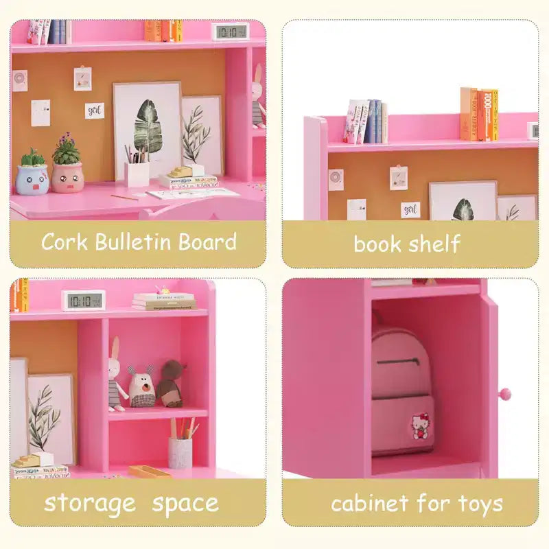 Ensemble bureau et chaise modernes pour enfants avec étagère de rangement, poste de travail en bois avec placard pour chambre d'enfant, rose