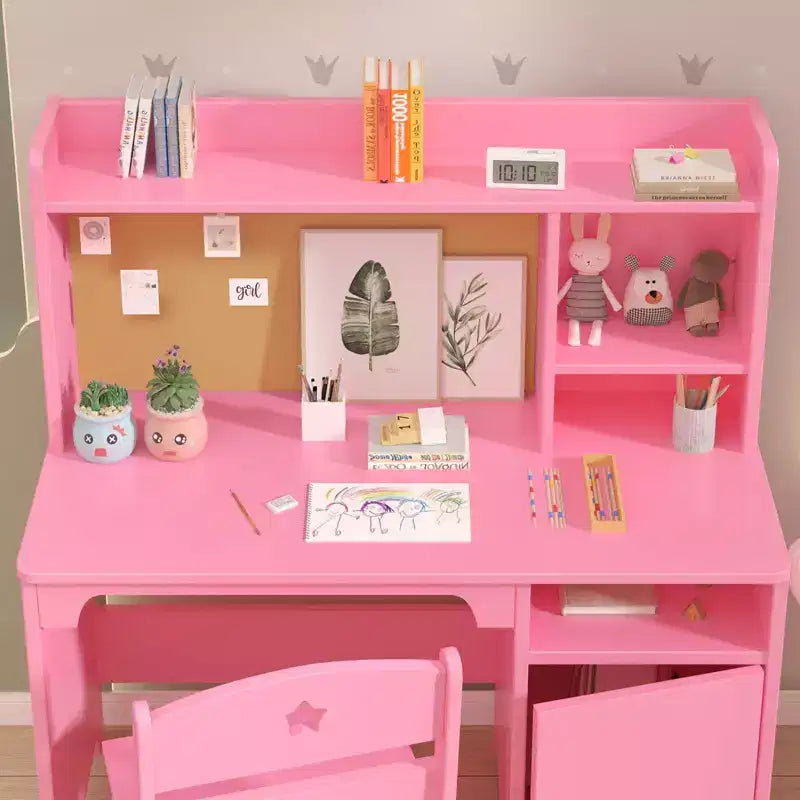 Ensemble bureau et chaise modernes pour enfants avec étagère de rangement, poste de travail en bois avec placard pour chambre d'enfant, rose
