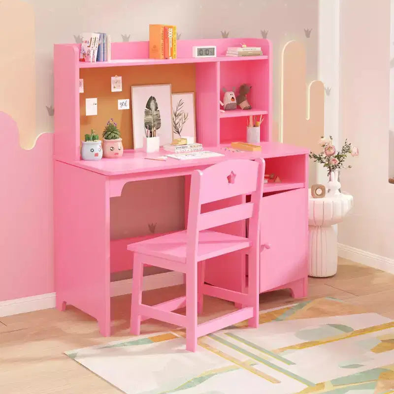 Ensemble bureau et chaise modernes pour enfants avec étagère de rangement, poste de travail en bois avec placard pour chambre d'enfant, rose