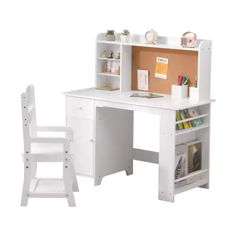 GustoWave Kids Study Desk and Chair Set with Storage Hutch & Cork Board, Wooden Study Table for Children Ages 3-8, White