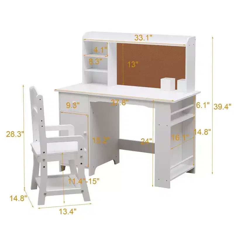 Ensemble bureau et chaise pour enfants GUSTOWAVE avec étagère de rangement et tableau en liège, table d'étude en bois pour les enfants de 3 à 8 ans, blanc