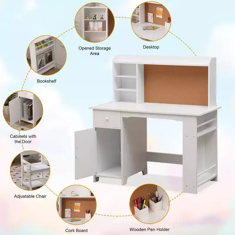 Ensemble bureau et chaise pour enfants GUSTOWAVE avec étagère de rangement et tableau en liège, table d'étude en bois pour les enfants de 3 à 8 ans, blanc