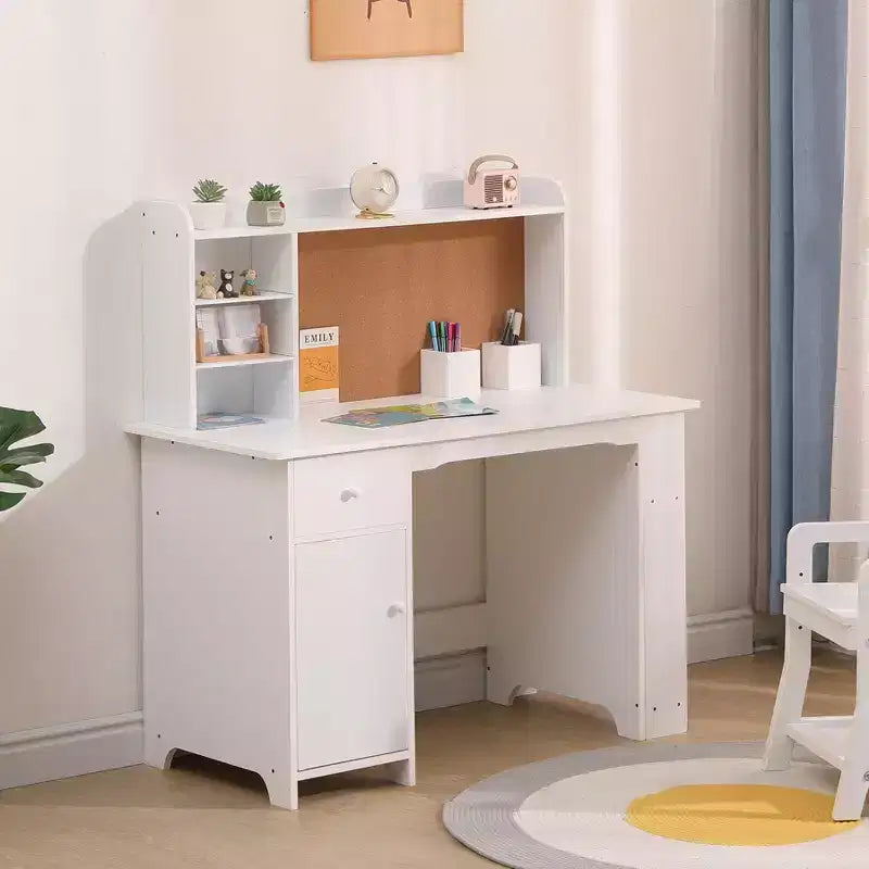 Ensemble bureau et chaise pour enfants GUSTOWAVE avec étagère de rangement et tableau en liège, table d'étude en bois pour les enfants de 3 à 8 ans, blanc