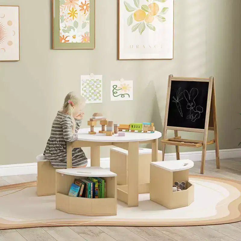 JVNOXK Children's Desk and Chair Set, 5-Piece Toddler Desk and Chair with Storage Space, Suitable for Playrooms, Daycare Centers White