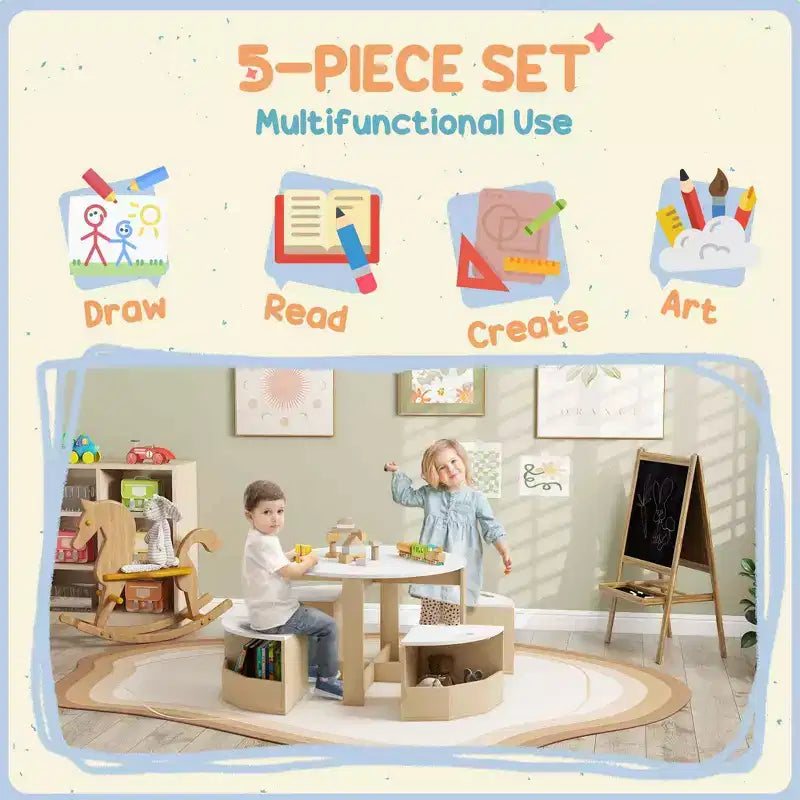 JVNOXK Ensemble de bureau et chaise pour enfants, bureau et chaise 5 pièces pour tout-petits avec espace de rangement, idéal pour les salles de jeux, les garderies Blanc