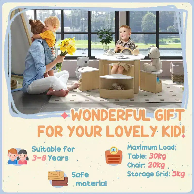 JVNOXK Ensemble de bureau et chaise pour enfants, bureau et chaise 5 pièces pour tout-petits avec espace de rangement, idéal pour les salles de jeux, les garderies Blanc