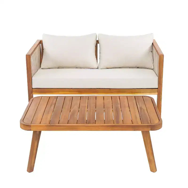 Christopher Knight Home Saelin Ensemble de conversation moderne 2 pièces en bois d'acacia pour extérieur avec table basse et canapé à accoudoirs en corde