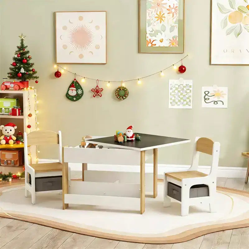 JVNOXK2-in-1 Toddler Desk and Chair Set with Flip-Over Blackboard, Storage & Bookshelf, 3-Piece Children's Desk and Chair Combination