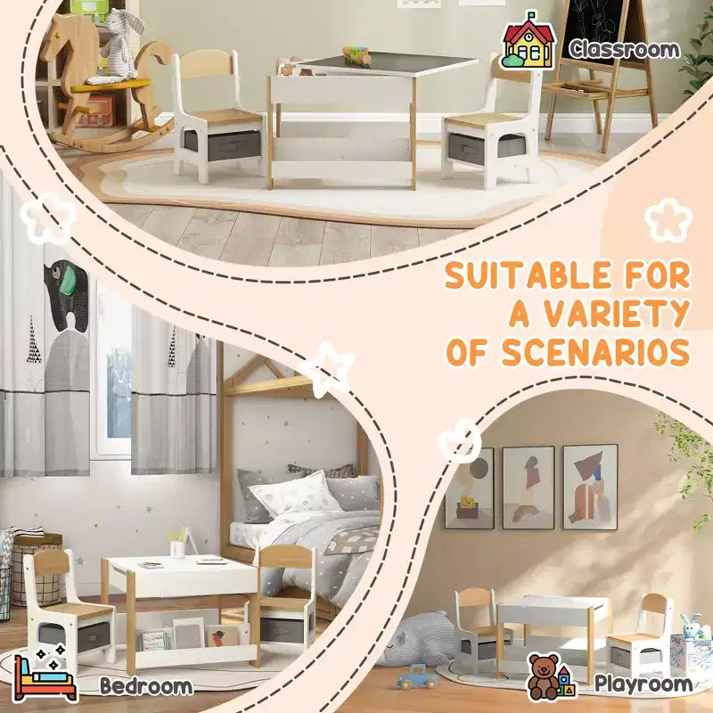 JVNOXK2-en-1 Ensemble bureau et chaise pour tout-petits avec tableau noir réversible, rangement et étagère, combinaison bureau et chaise 3 pièces pour enfants