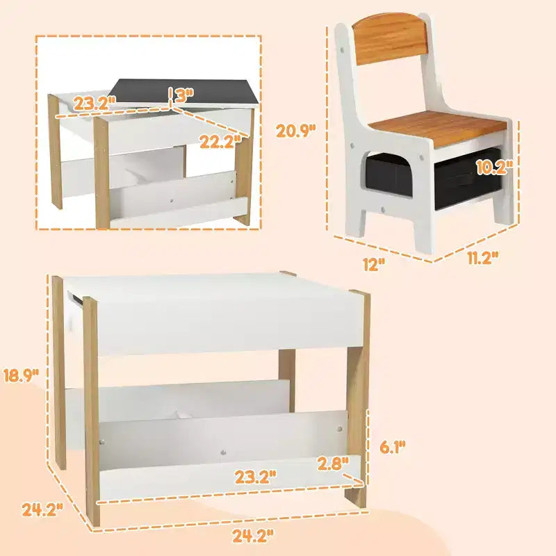 JVNOXK2-en-1 Ensemble bureau et chaise pour tout-petits avec tableau noir réversible, rangement et étagère, combinaison bureau et chaise 3 pièces pour enfants